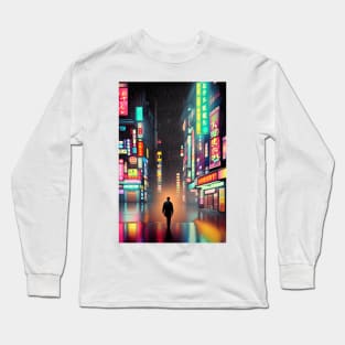 A Man in Tokyo Neon Anime Japan Rainy Street Vibes <3 Long Sleeve T-Shirt